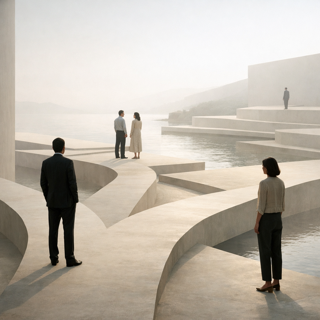 A minimalist conceptual editorial image representing the themes of capital intentionality and participation The scene should avoid literal financial s